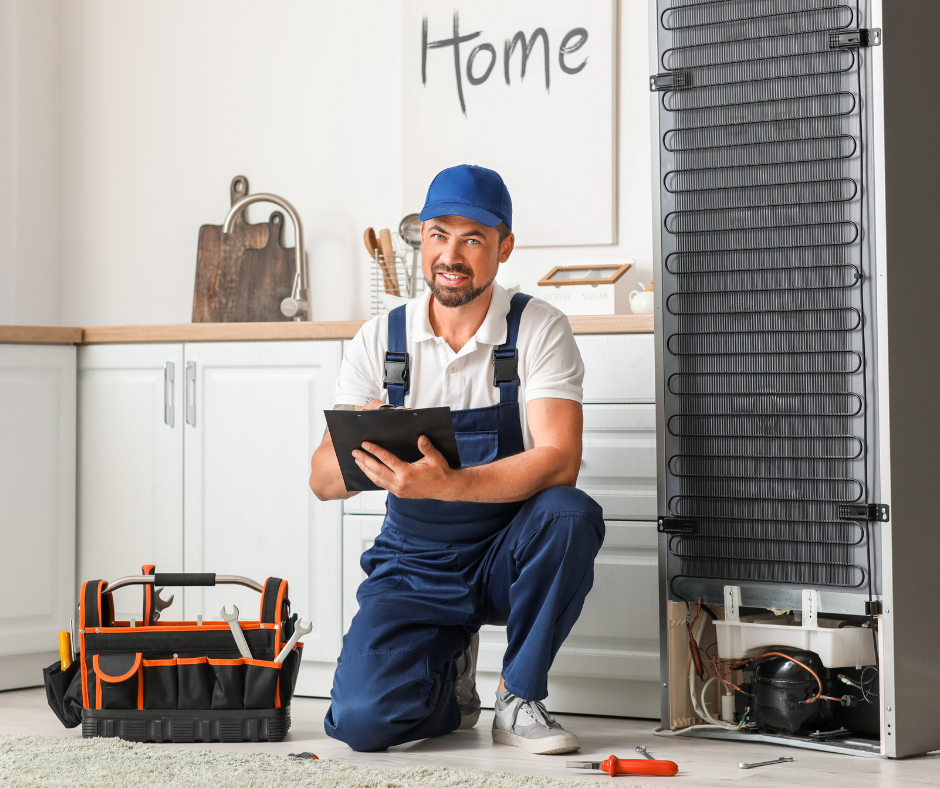 Technician in blue overalls and cap kneeling beside a refrigerator, holding a clipboard, with a tool bag nearby, in a home kitchen setting.