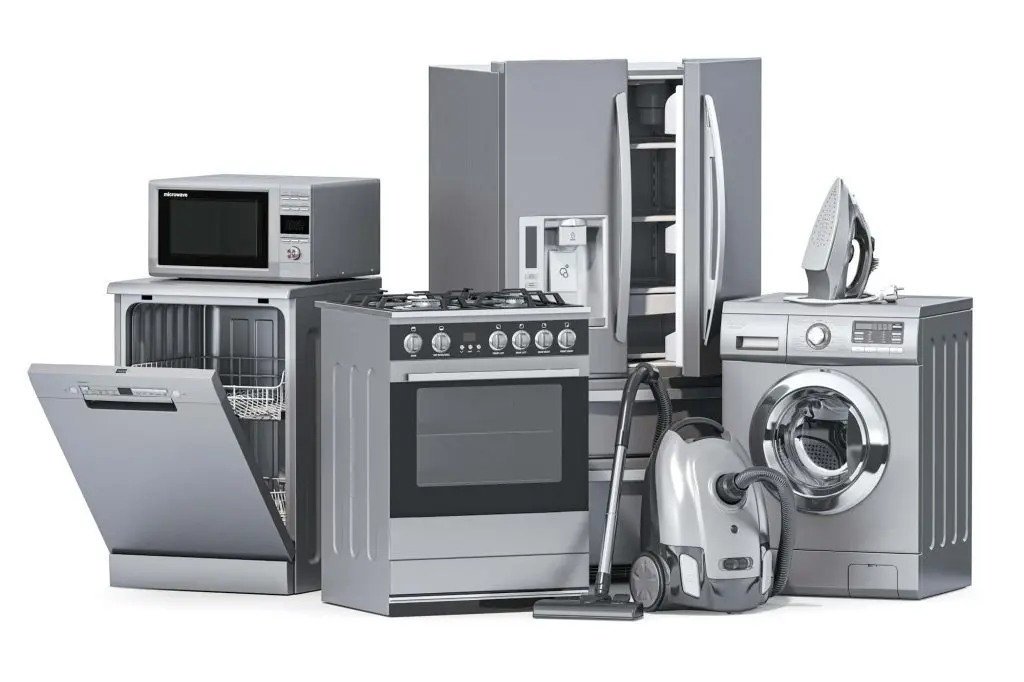 Modern kitchen appliances including a dishwasher, oven, refrigerator, microwave, washing machine, and vacuum cleaner, showcasing essential household technology for efficient home management.