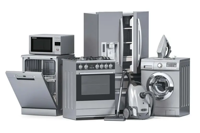 Modern kitchen appliances including a dishwasher, oven, refrigerator, microwave, washing machine, and vacuum cleaner, showcasing essential household technology for efficient home management.