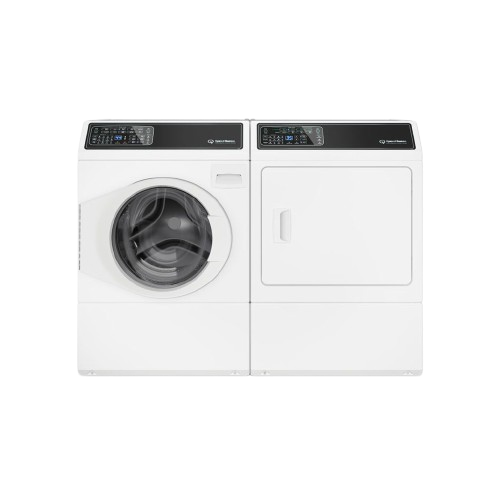 AEG washer and dryer pair in white, showcasing modern design and control panels, relevant to AEG appliance repair services.
