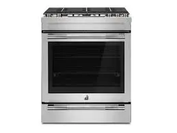 Jenn-Air oven with stainless steel finish, showcasing a modern design and large glass door, relevant to appliance repair services.