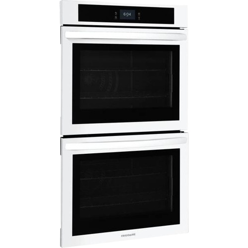 White Frigidaire double electric wall ovens, featuring dual glass doors and a digital control panel, relevant for Jenn-Air oven repair services addressing common issues like heating problems and keypad malfunctions.