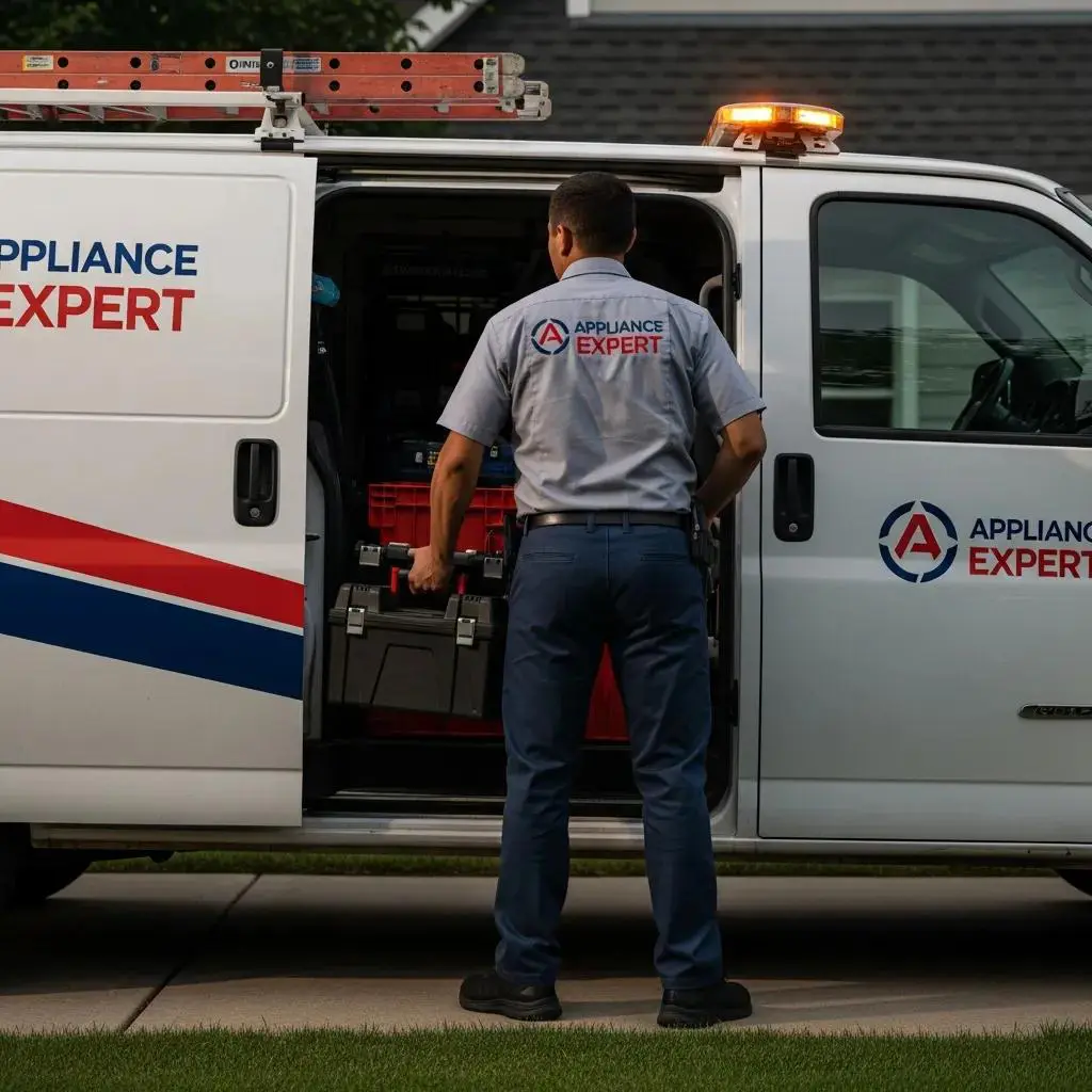 Appliance Expert technician preparing for an emergency repair service outside a residential home