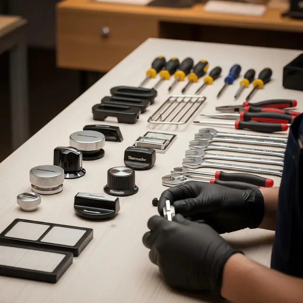 Authentic Thermador parts on a workbench, emphasizing quality and preparation for installation