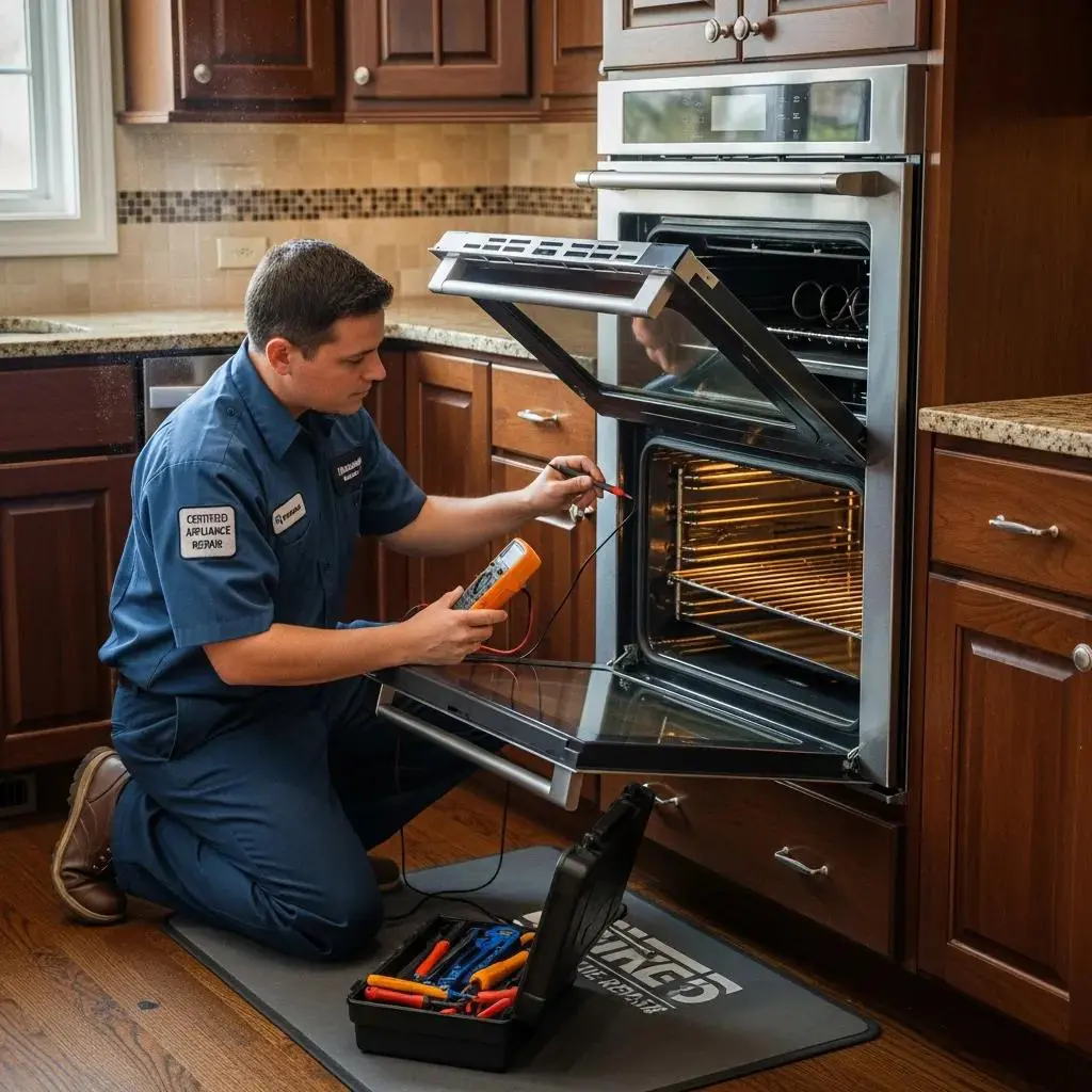 Certified technician inspecting a Thermador oven, showcasing expertise in appliance repair