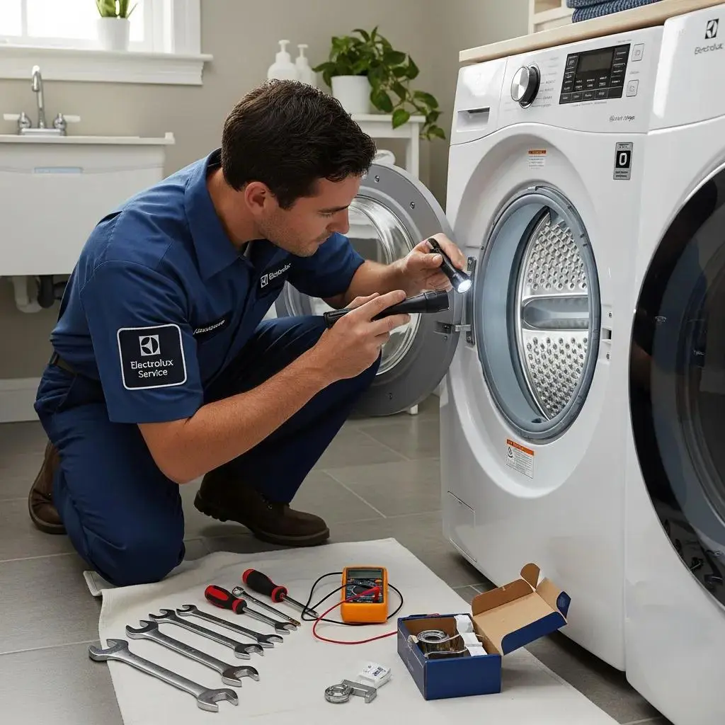 Certified technician repairing an Electrolux washer, showcasing professional service and expertise