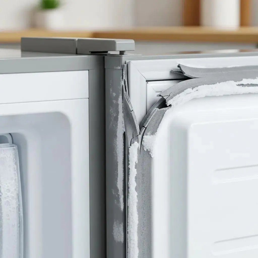 Close-up of a damaged freezer door seal, illustrating common freezer problems