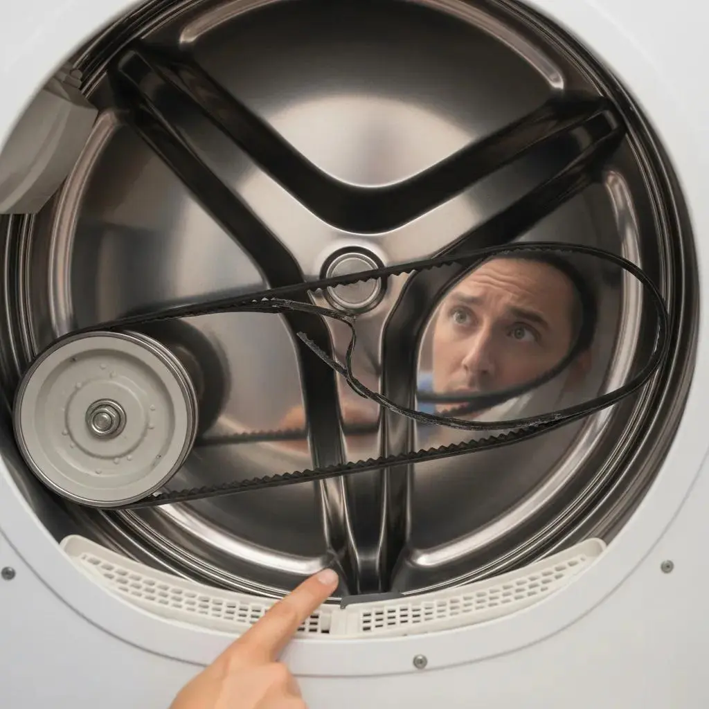 Close-up of a dryer drum with a broken belt, illustrating drum malfunction issues