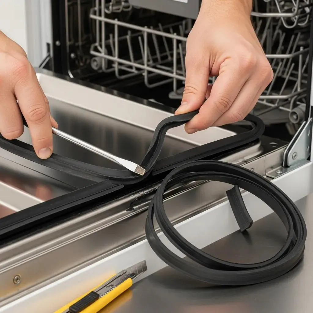 Close-up of a person replacing a dishwasher door gasket