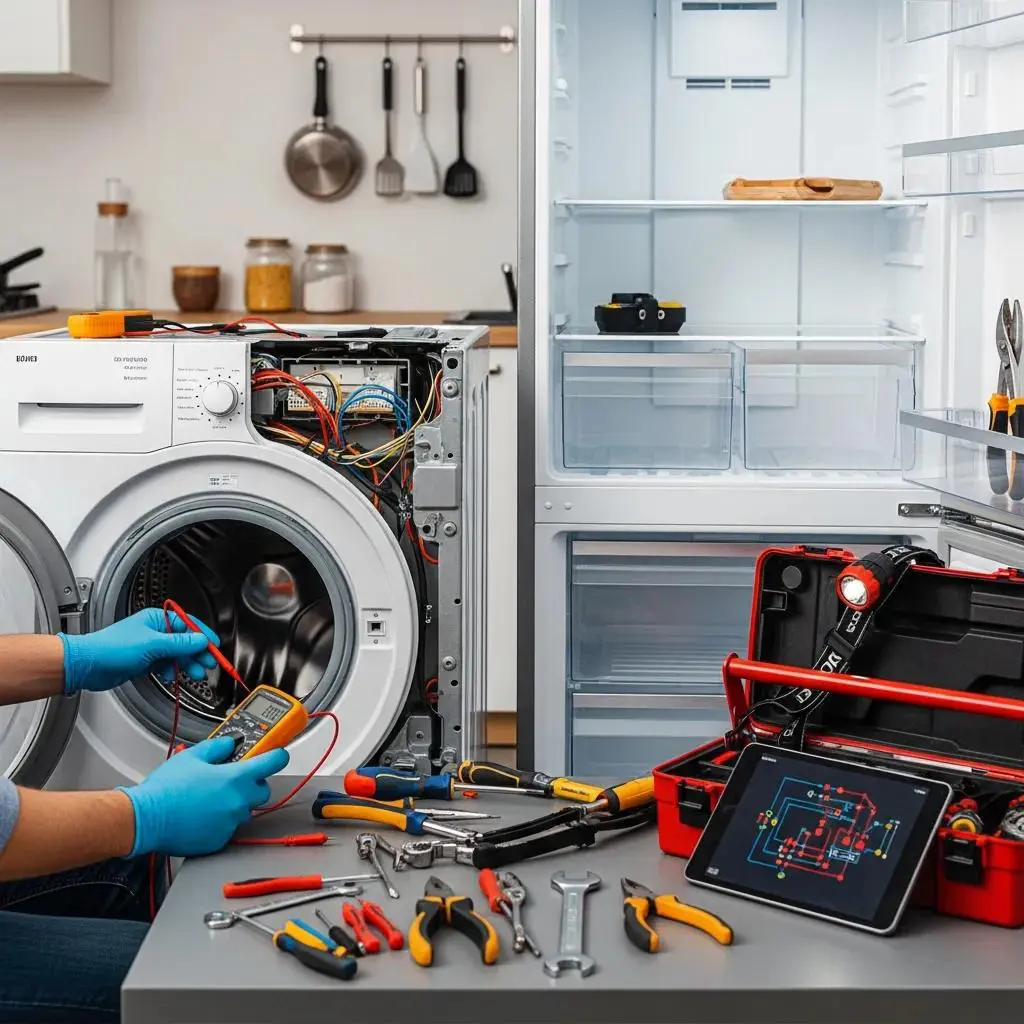Technician repairing washing machine and refrigerator illustrating appliance repair costs in Toronto.