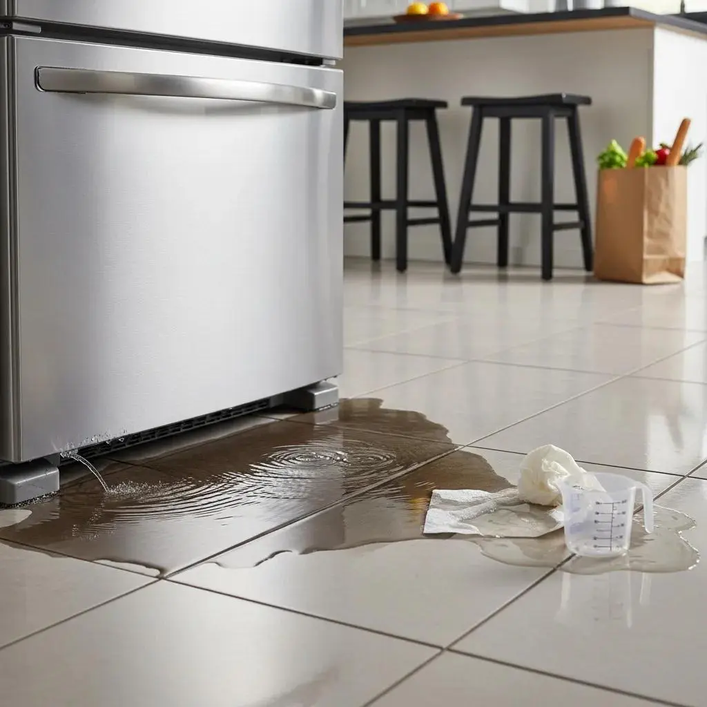 Close-up of refrigerator with water pooling around it indicating a leak