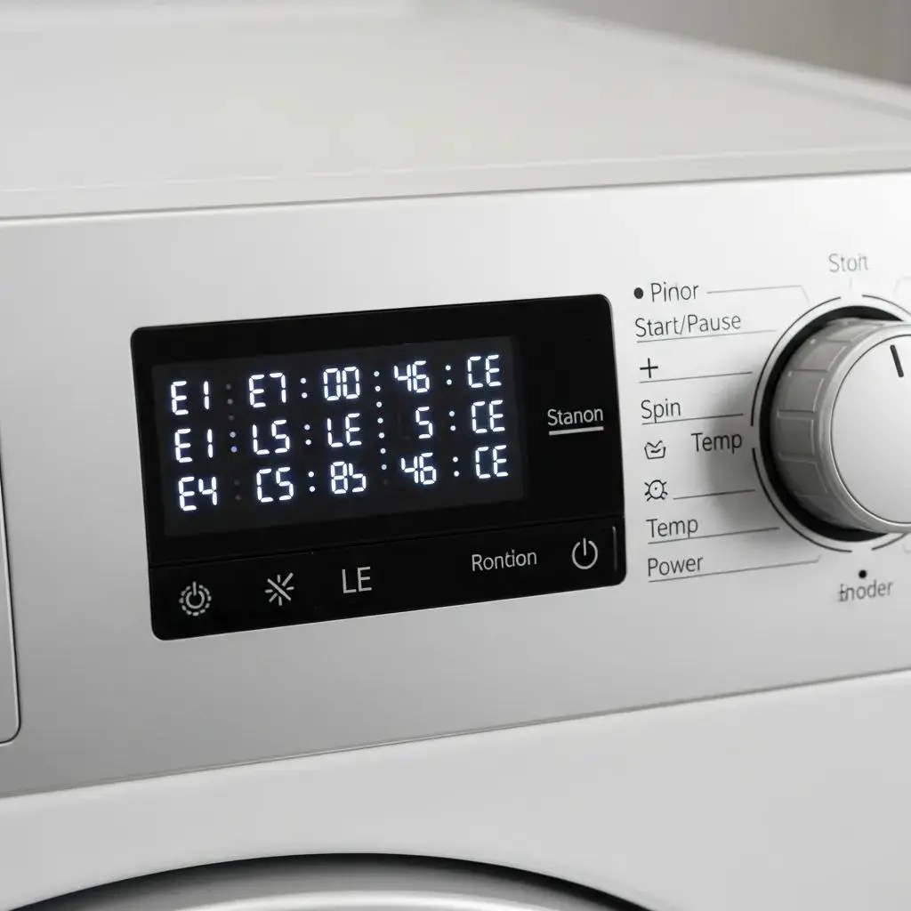 Close-up of washing machine control panel displaying common error codes for troubleshooting