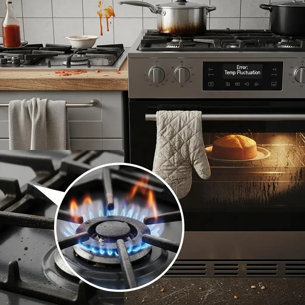Malfunctioning oven and stove showcasing temperature fluctuation and burner issues, Appliance Expert repair services in