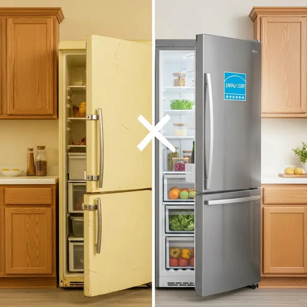 Comparison of an old, worn-out refrigerator and a new energy-efficient model in a bright kitchen, illustrating the benefits of appliance replacement and energy savings.