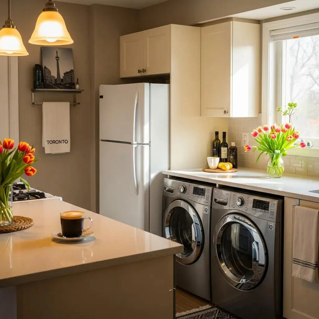 Cozy Toronto kitchen with well-maintained appliances and laundry machines, emphasizing appliance care for Toronto homes.