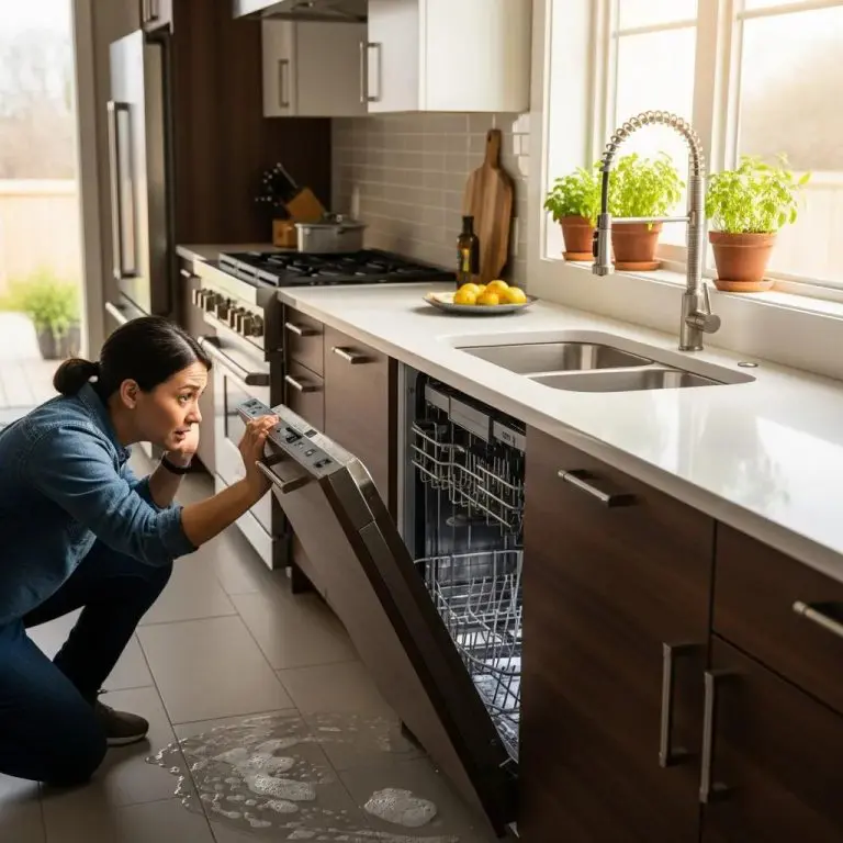 Dishwasher with water pooling, highlighting drainage issues in a modern kitchen