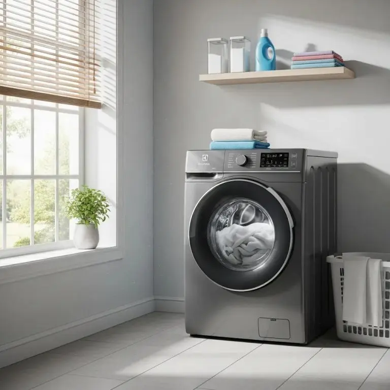 Electrolux washer in a bright laundry room, showcasing modern design and functionality