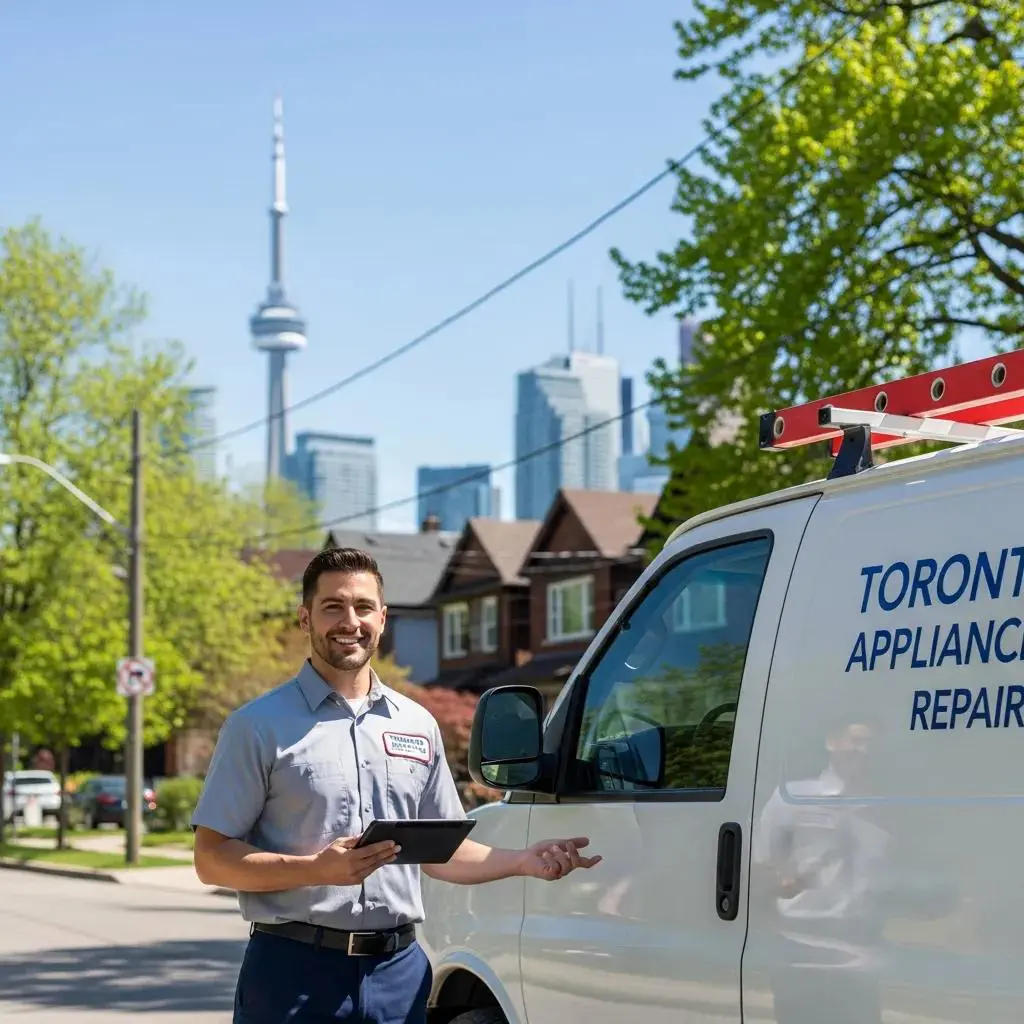 Friendly appliance repair technician in Toronto with service van and skyline