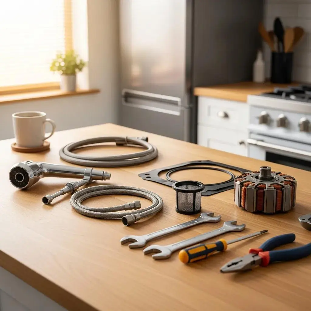 Genuine appliance parts and repair tools displayed in a kitchen setting, emphasizing trusted OEM suppliers in Toronto.