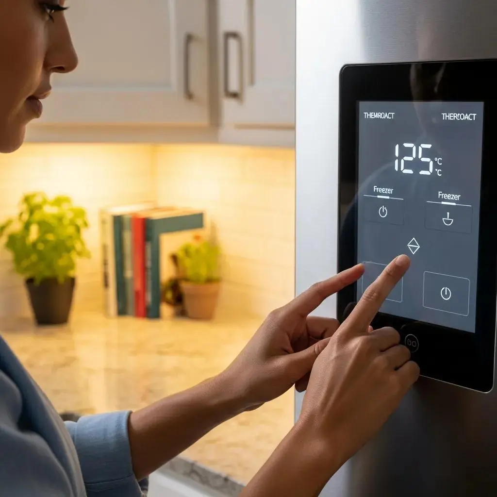 Woman adjusting thermostat settings on LG refrigerator, demonstrating effective troubleshooting techniques for homeowner appliance maintenance.