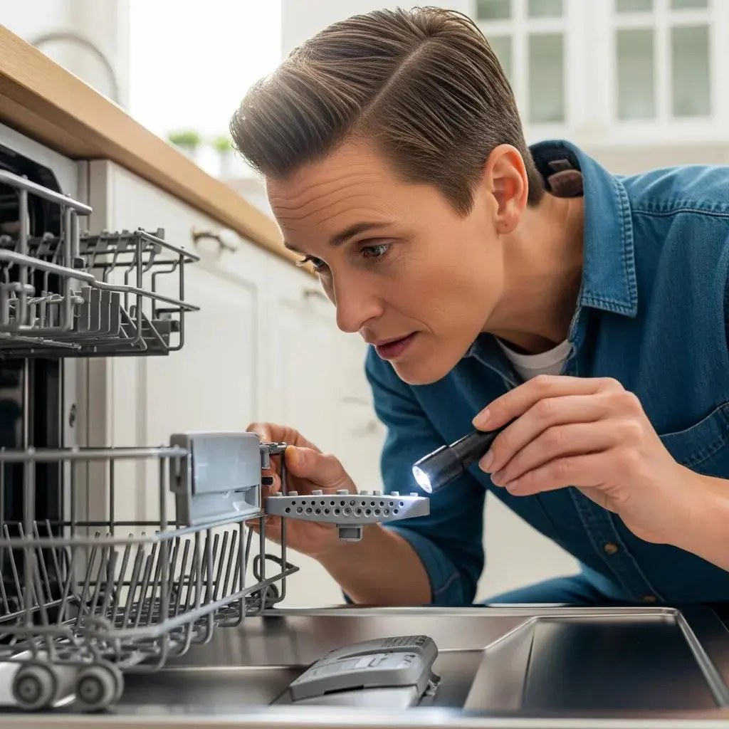 Homeowner inspecting dishwasher spray arms for clogs