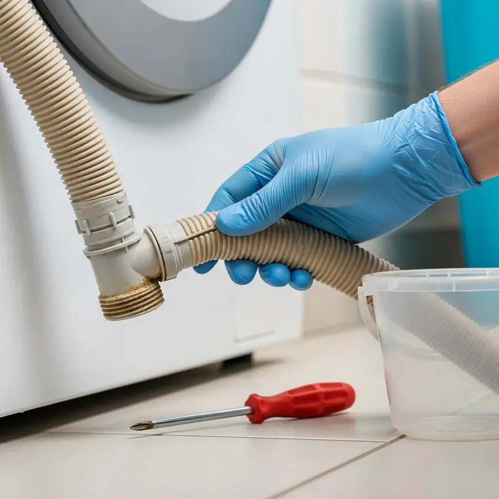 Appliance Expert technician inspecting washing machine drain hose for clogs, troubleshooting common appliance issues in