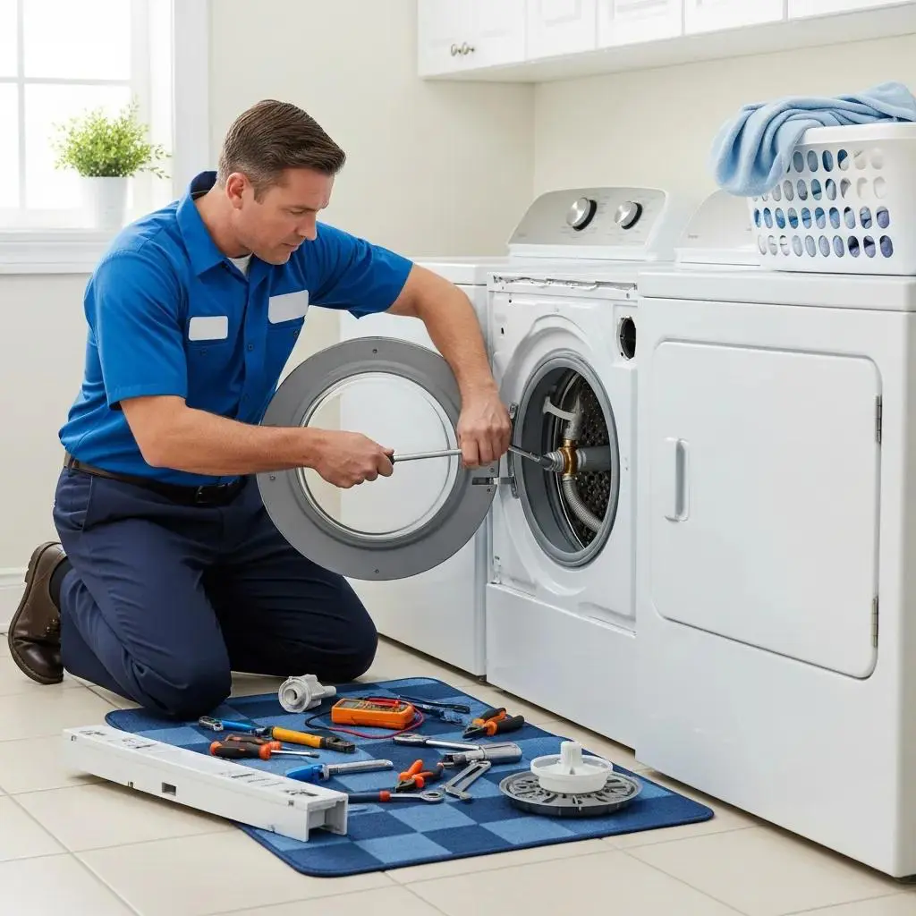 Licensed technician repairing a washing machine, showcasing expertise in appliance repair services