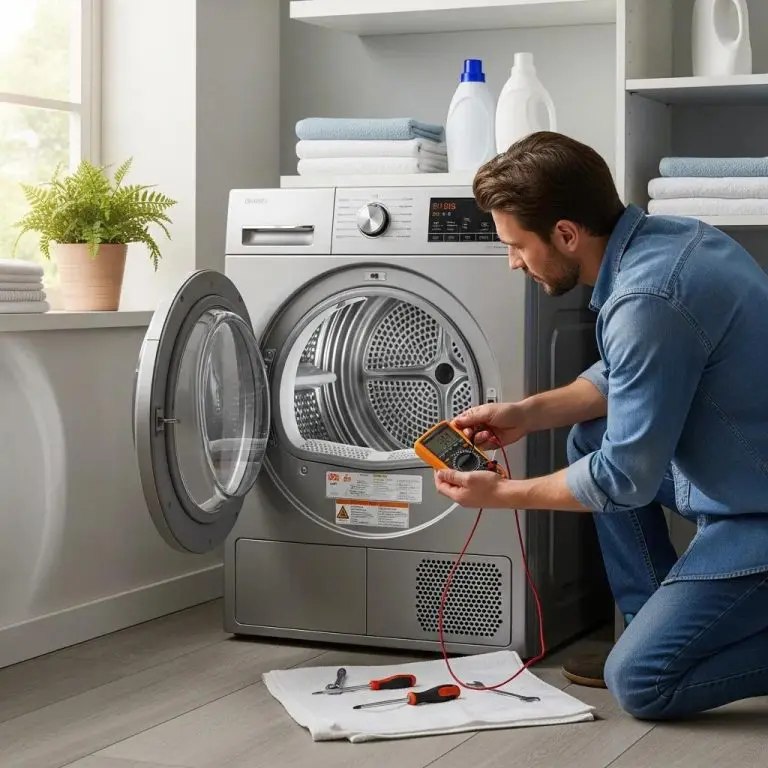 Modern dryer in a laundry room with a person inspecting it, representing dryer repair and troubleshooting