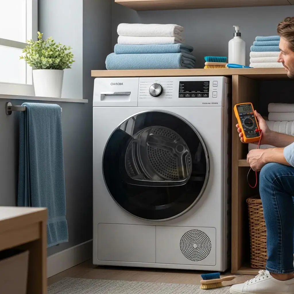 Dryer troubleshooting in laundry room with multimeter and repair tools