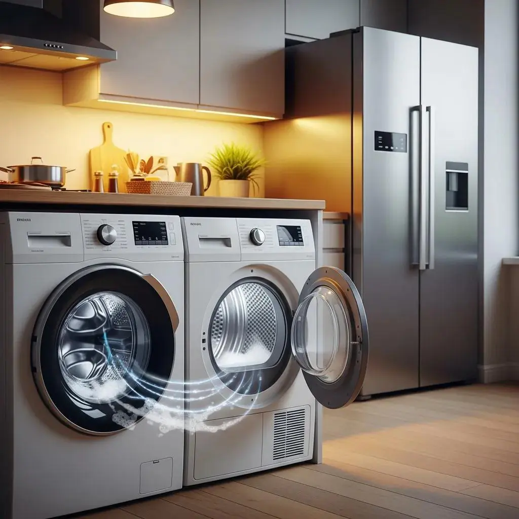 Modern kitchen appliances including a washing machine and refrigerator, illustrating common household sounds.