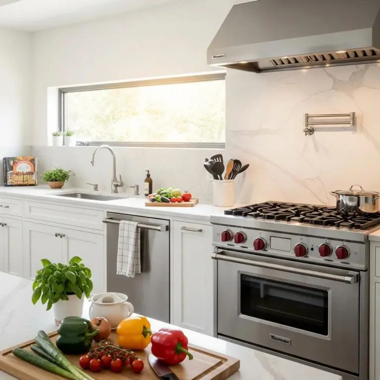 Modern kitchen featuring a sleek Thermador appliance with organized countertop and fresh ingredients