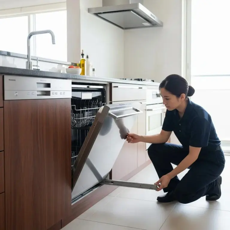 Modern kitchen with a person inspecting a dishwasher for leaks