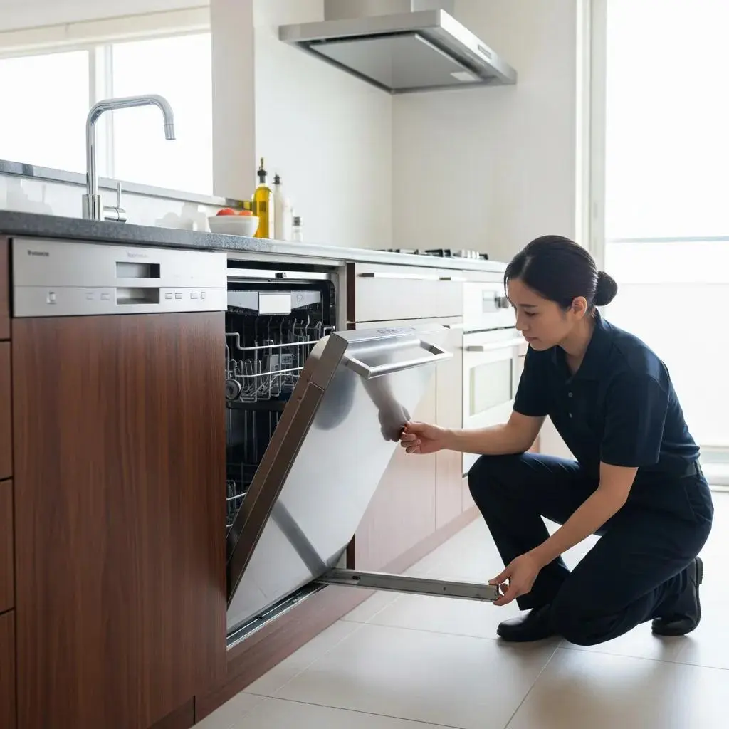 Technician inspecting dishwasher door for leaks and seal issues.