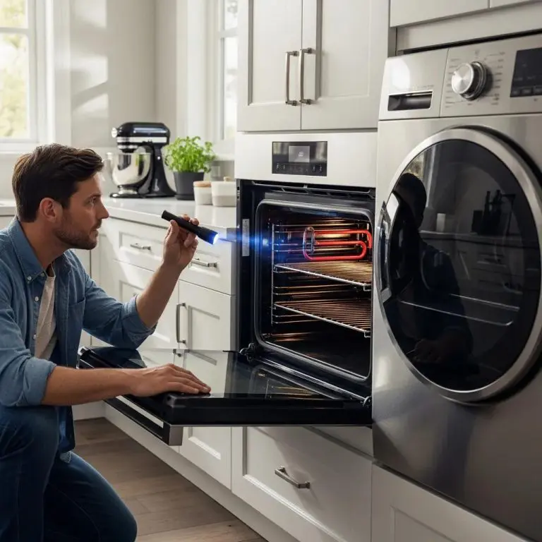 Modern kitchen with a person inspecting an oven, highlighting heating problem diagnosis