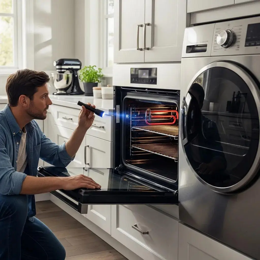Appliance Expert technician diagnosing oven heating problem with flashlight.