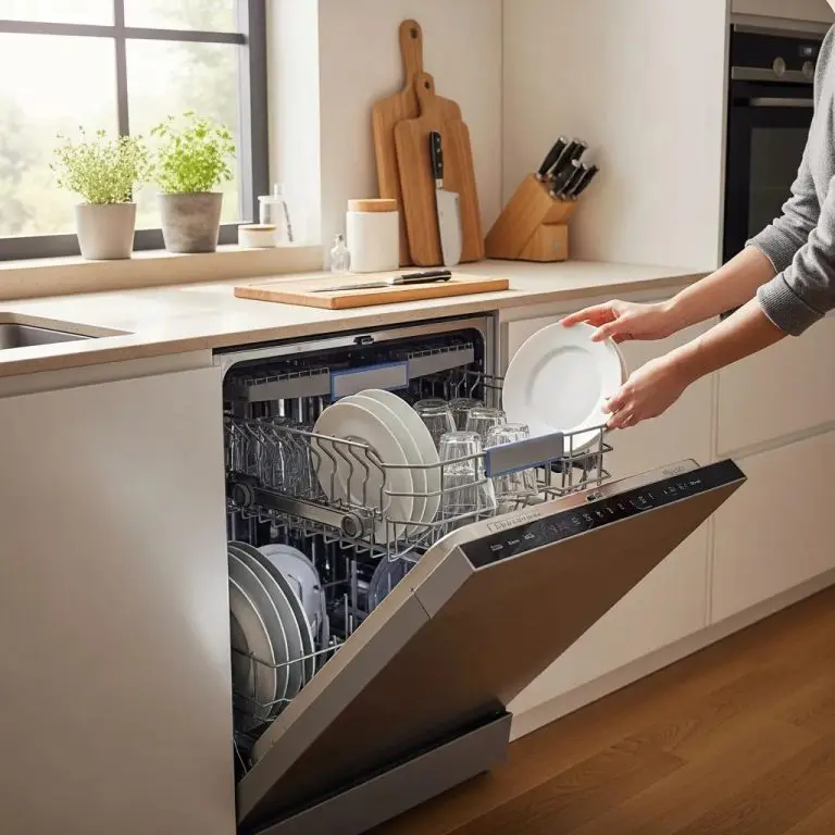 Modern kitchen with a stainless steel dishwasher and clean dishes