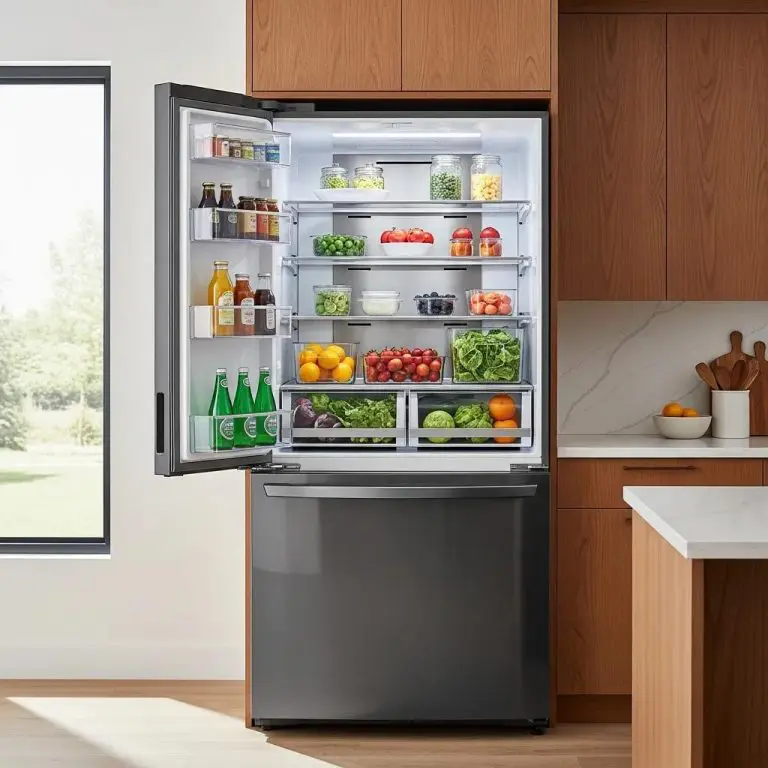 Modern LG refrigerator in a stylish kitchen, showcasing advanced features and organized interior