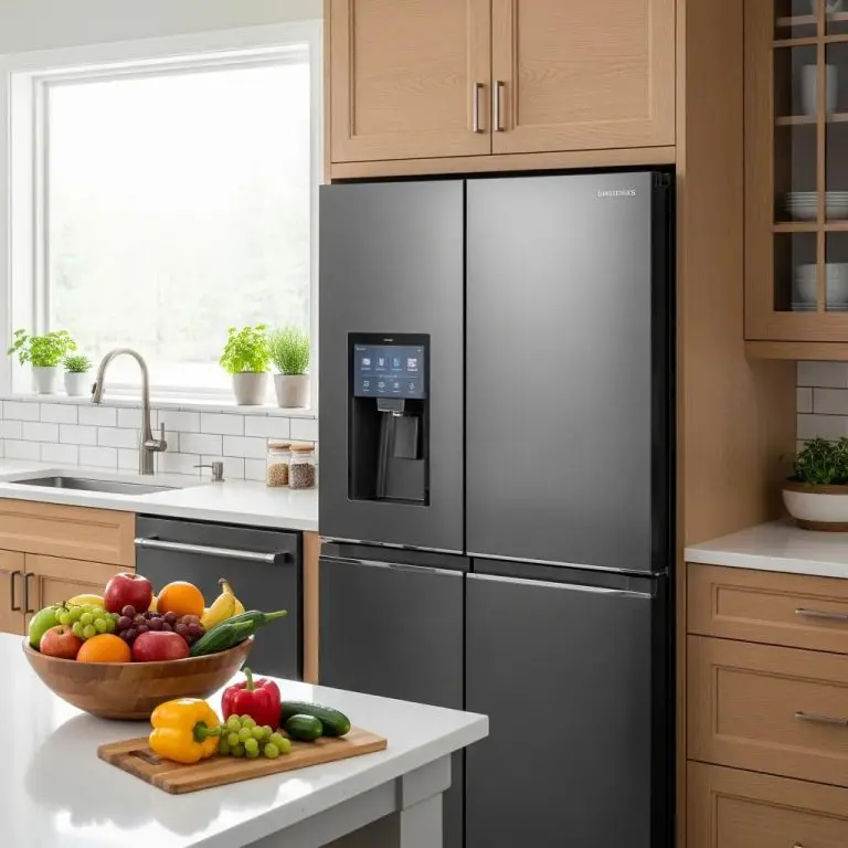 Modern refrigerator in a bright kitchen emphasizing reliability and freshness