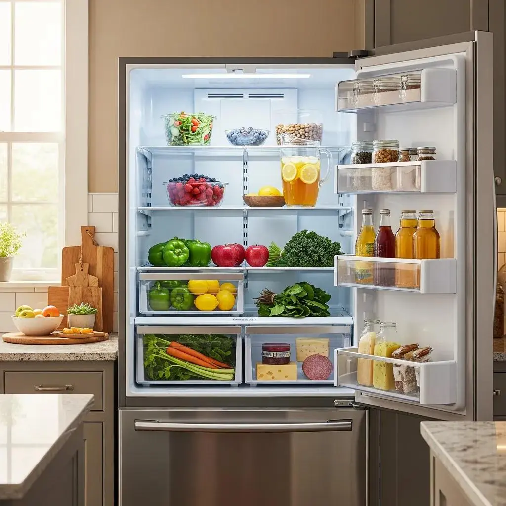 Modern refrigerator showcasing fresh food and ensuring food safety in a bright kitchen.