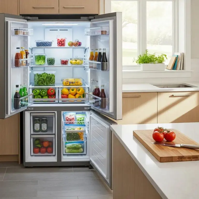 Modern refrigerator in a bright kitchen, showcasing fresh food items