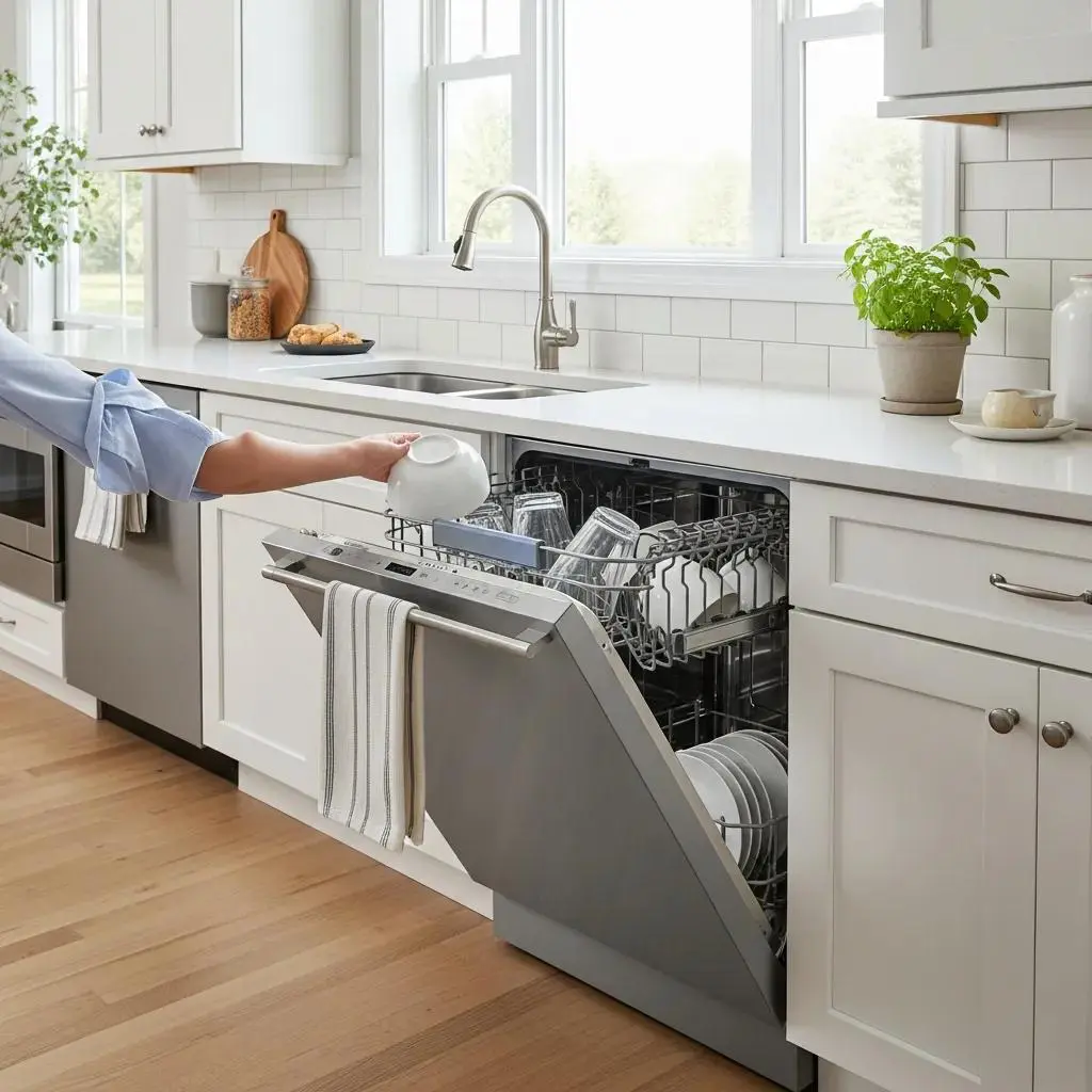 Modern stainless steel dishwasher in a bright kitchen, showcasing Appliance Expert dishwasher repair services.