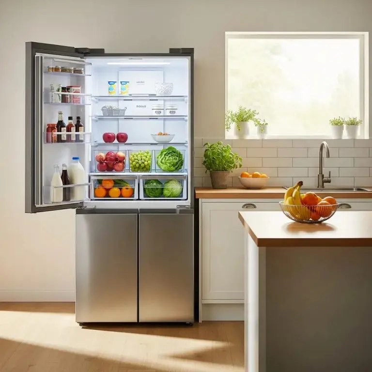 Modern stainless steel refrigerator in a bright kitchen, emphasizing cooling functionality