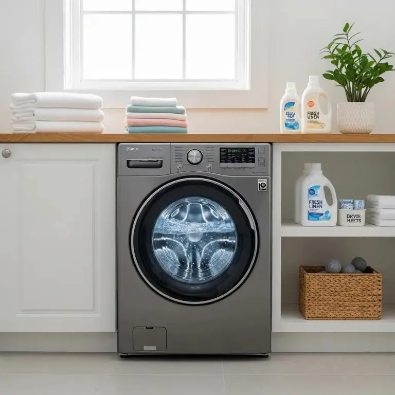 Modern washing machine in a clean laundry room with folded laundry and supplies