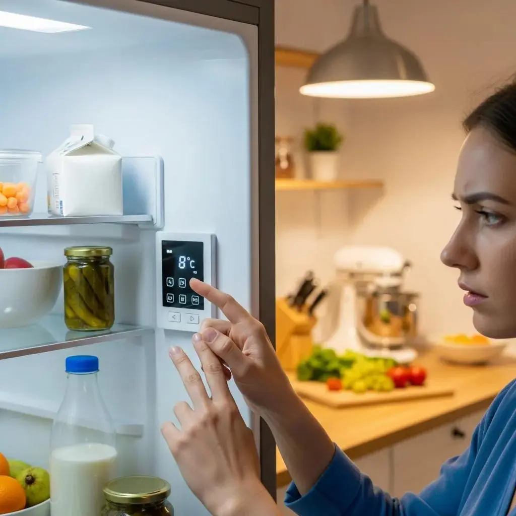 Person checking refrigerator thermostat settings to troubleshoot cooling issues
