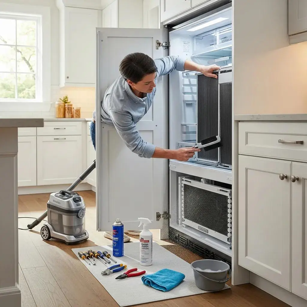 Person cleaning condenser coils of a Sub-Zero refrigerator, emphasizing maintenance best practices