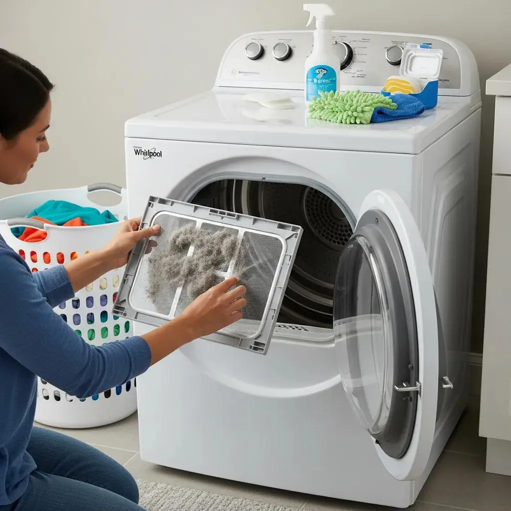 Person cleaning the lint filter of a Whirlpool dryer in a laundry room