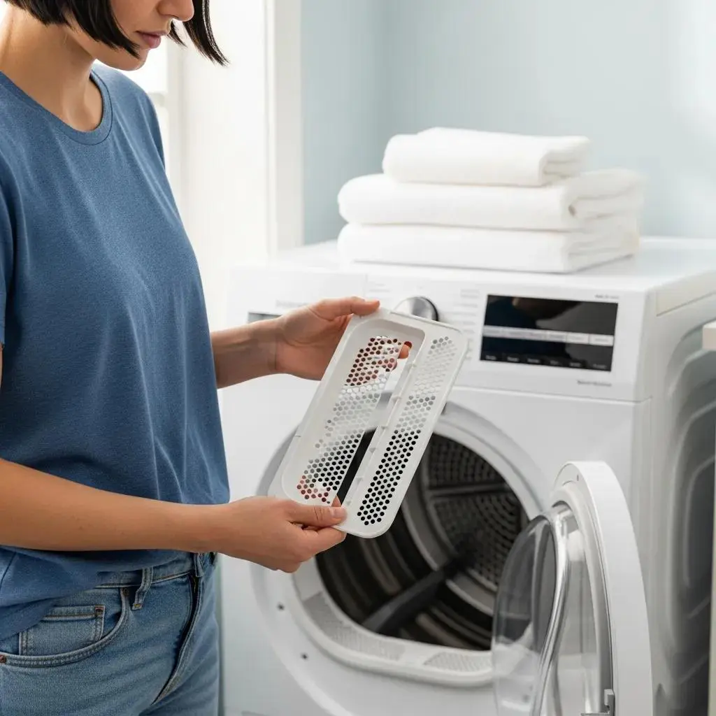 Person cleaning the lint trap of a dryer, highlighting maintenance and safety tips