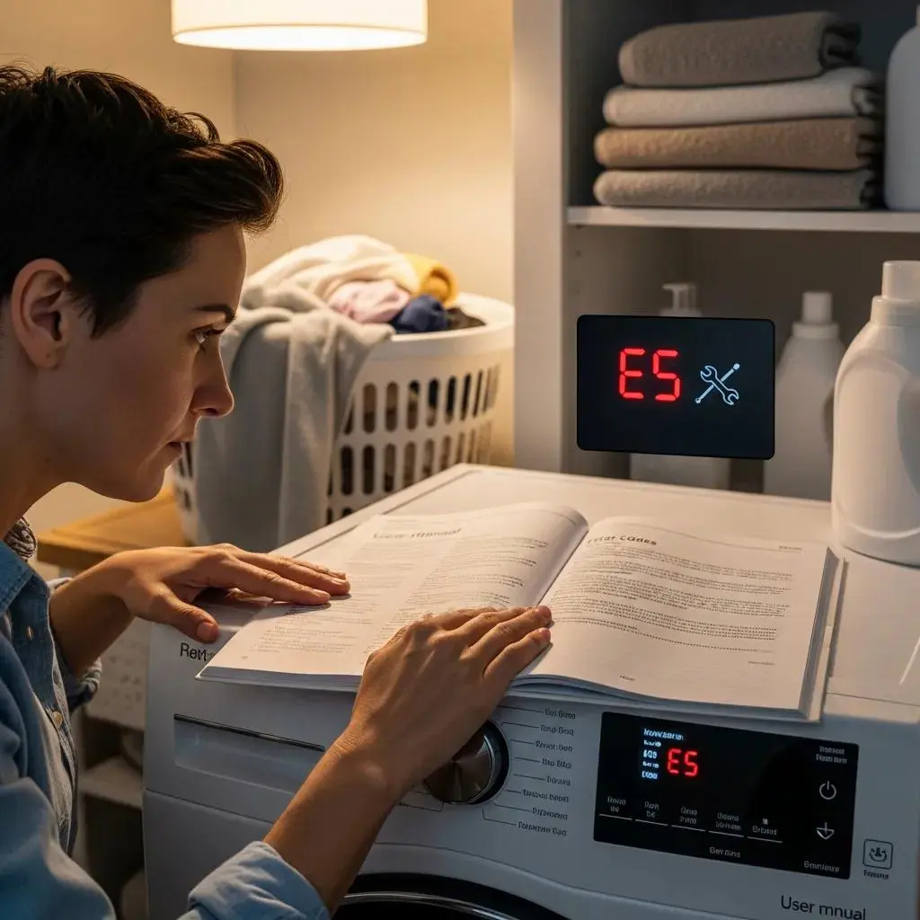 Person examining washing machine error codes with a user manual, highlighting troubleshooting steps