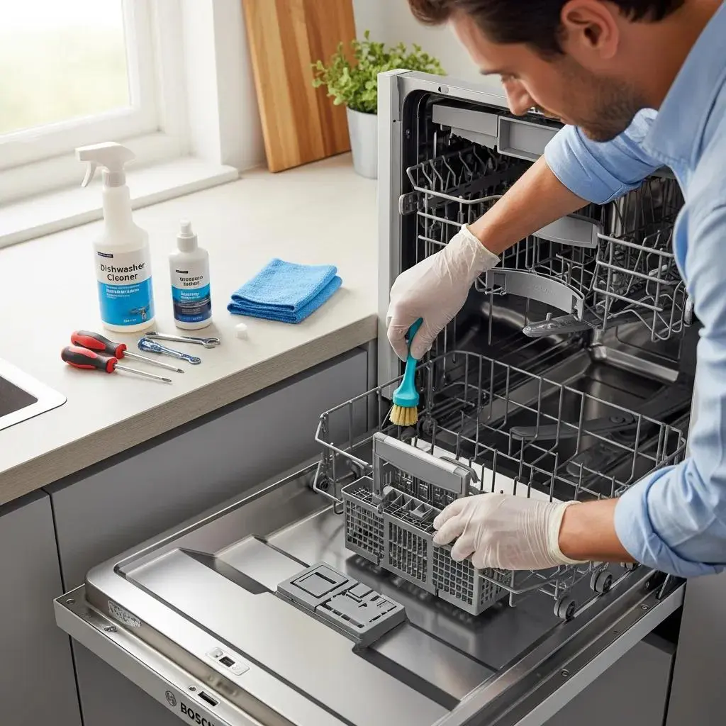Person maintaining Bosch dishwasher, cleaning interior and checking filters