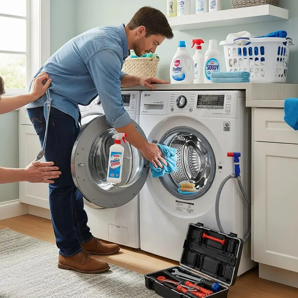Person performing maintenance on a washing machine in a bright laundry room